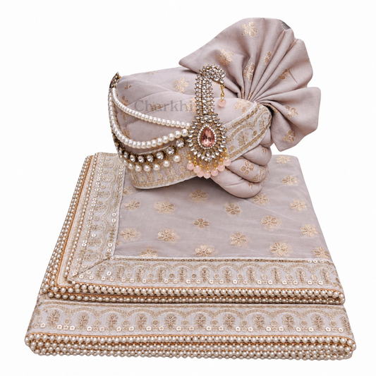 CHARKHI Men’s Wedding Safa with Dupatta | Ethnic Turban/Pagri for Groom | Royal Maharaja Pagdi with Sherwani Stole for Wedding, Baraat (Pastel Pink- SB)