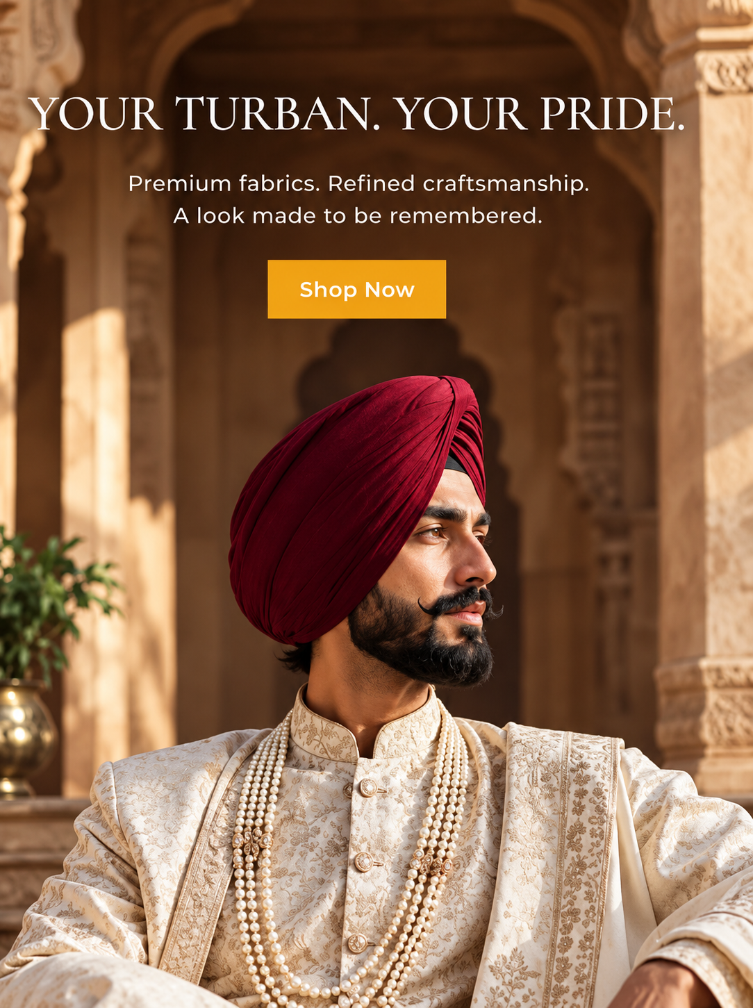 A man wearing a deep red velvet turban and an ornate cream-colored embroidered kurta with pearl necklaces, posed in front of a warm, sunlit stone architectural background. Promotional text at the top reads 'YOUR TURBAN, YOUR PRIDE.