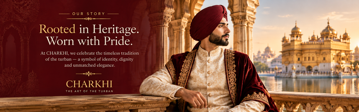 A promotional banner for Charkhi, featuring a man in traditional Indian attire with a deep maroon turban and embroidered gold robe, seated in front of a stone railing. The background depicts a scenic view of the Golden Temple in Amritsar.