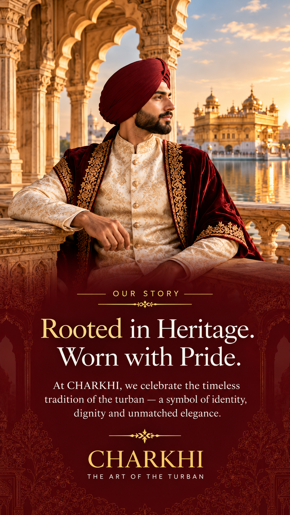 A promotional image for Charkhi turbans featuring a man wearing a deep maroon and gold embroidered turban, posed in front of the golden Harmandir Sahi temple in Amritsar. The lower portion features a dark maroon banner with text reading 'Rooted in Heritage.
