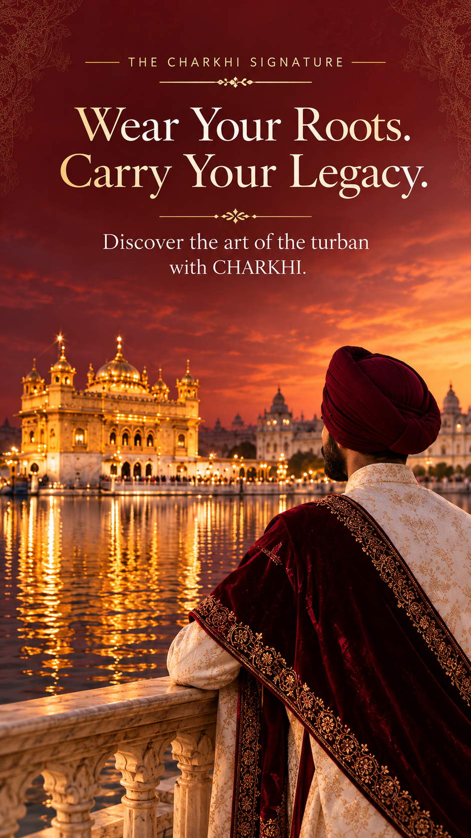 Promotional graphic for Charki, featuring a man in traditional Sikh attire with a maroon turban and embroidered shawl, seen from behind as he gazes at the Golden Temple in Amritsar. The background shows a dramatic orange and red sunset sky reflecting on the water.