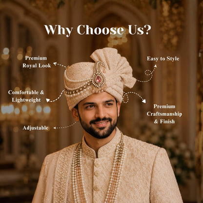 CHARKHI Men’s Wedding Safa with Dupatta | Maroon Printed Ethnic Turban/Pagdi for Groom | Royal Maharaja Pagdi for Wedding, Baraat (Beinge)