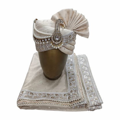 CHARKHI Men’s Wedding Safa with Dupatta | Ethnic Turban/Pagri for Groom | Royal Maharaja Pagdi with Sherwani Stole for Wedding, Baraat (White)