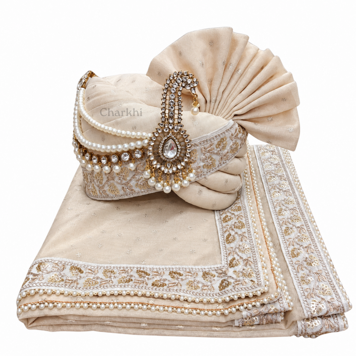 CHARKHI Men’s Wedding Safa with Dupatta | Ethnic Turban/Pagri for Groom | Royal Maharaja Pagdi with Sherwani Stole for Wedding, Baraat (White)