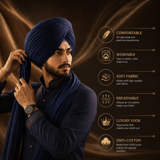 Full Voile Traditional Sikh/Punjab/Sardar Pagri or Turban for Mens- Navy Blue