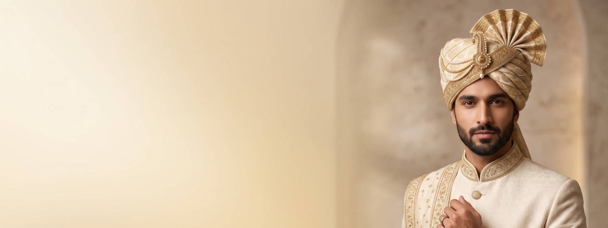 A man wearing traditional South Asian formal wear, featuring a cream and gold embroidered sherwani and a matching gold and beige turban, set against a soft, warm beige background with a large blank space on the left.