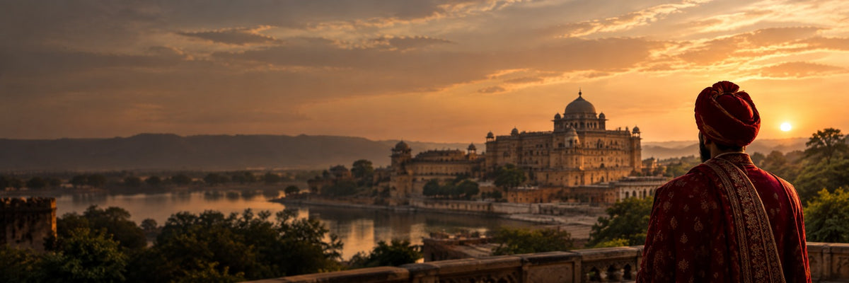 A scenic sunset landscape print showing a grand palace by a lake, with a man in traditional Indian attire looking out over the water at the golden hour.