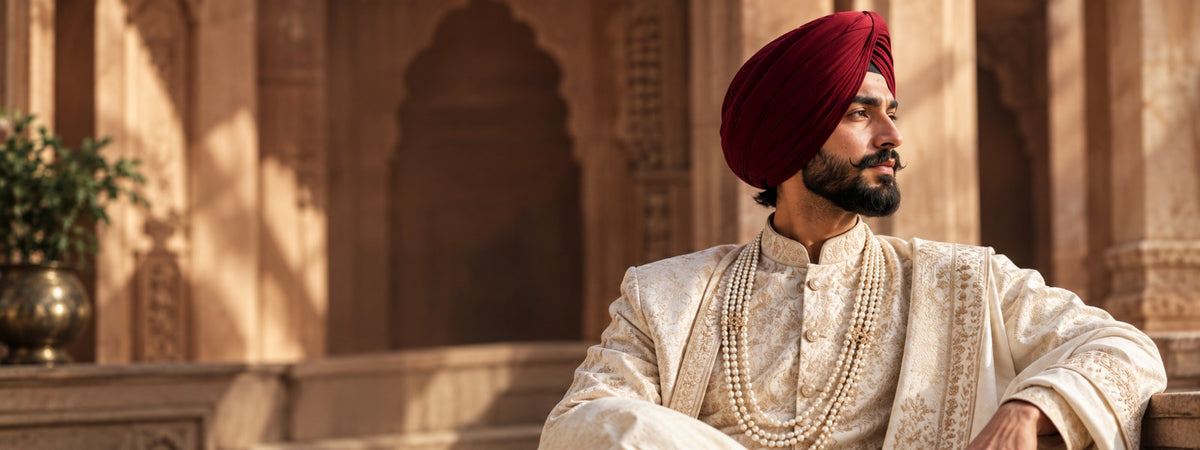 A man wearing traditional Indian attire, including a deep red turban and cream embroidered kurta, seated in front of a warm sandstone architectural background.